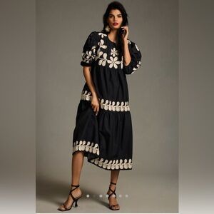 XXS Petite Black & Tan Embroidered Puff Sleeve Anthropologie Dress
